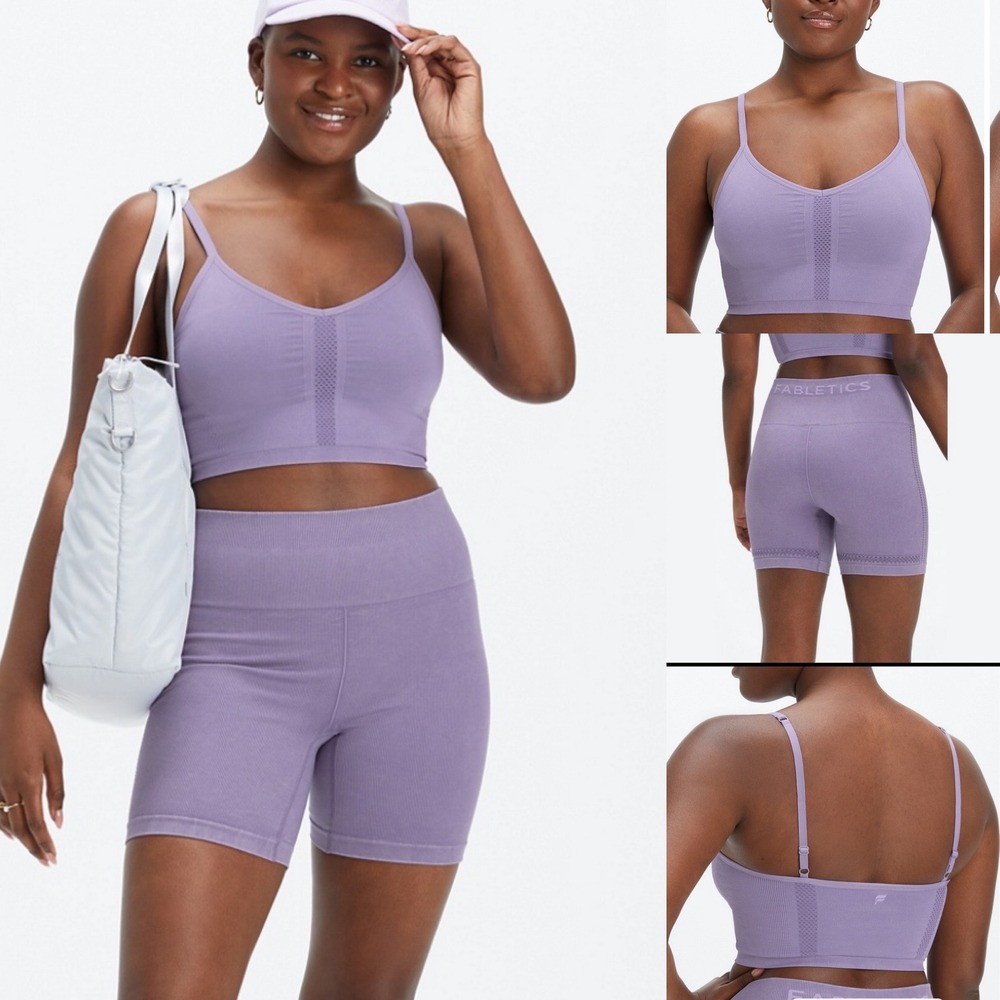 Fabletics XL Sync Seamless Bralette High Waisted Biker Short Set Washed Violetta